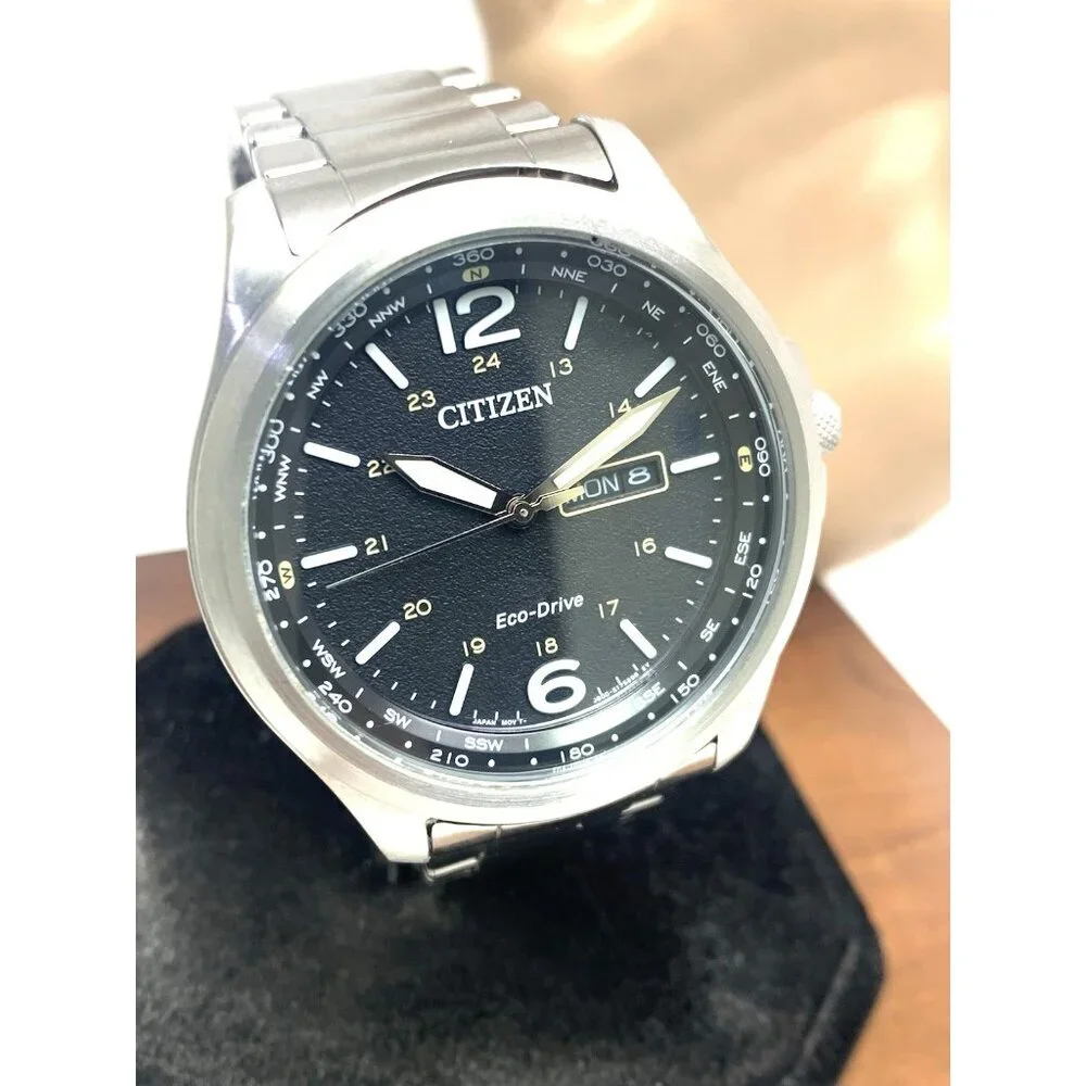 Citizen Men's Watch AW0110-58E Eco Drive Black Dial Day Date Silver Steel 44mm